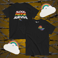 Black CZW t-shirt with 'Blood Pride Survive' text and rainbow colors on a barbed wire background