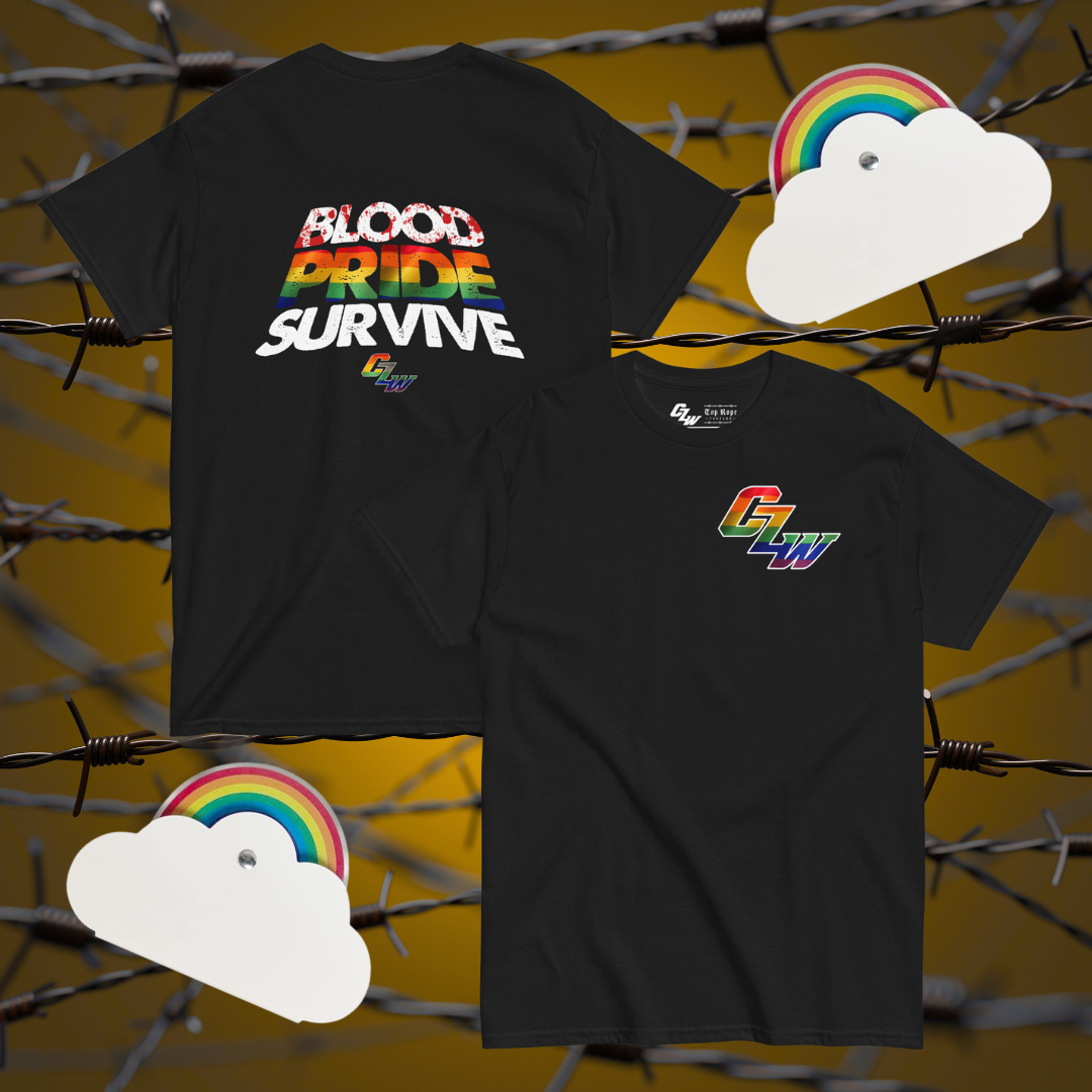 Black CZW t-shirt with 'Blood Pride Survive' text and rainbow colors on a barbed wire background